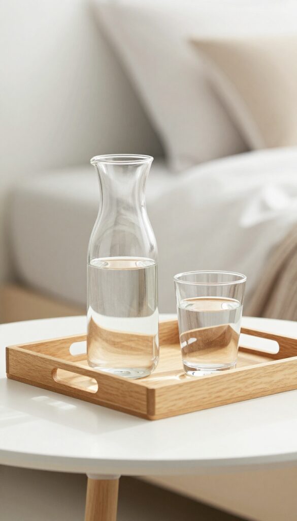 A bedside carafe of water and a glass on a wooden tray, creating a spa-like, hotel-inspired atmosphere in a guest room.