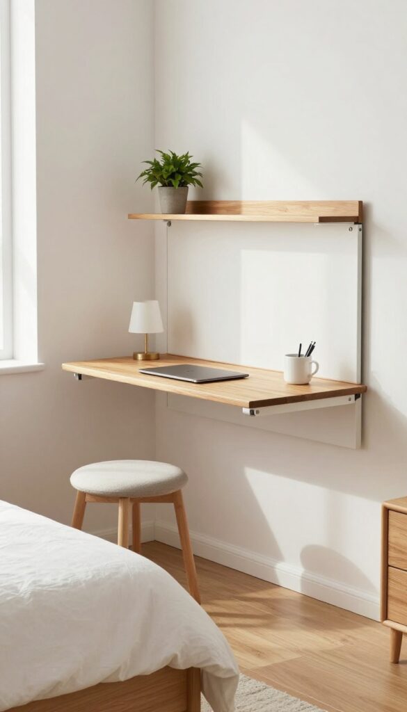 Small bedroom with a wall-mounted fold-down desk, minimalist interior design, warm wood tones, bright natural light.