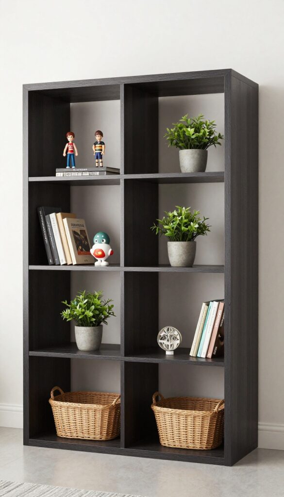 Teenage boy's bedroom with dark wood open shelving displaying books, a figurine, and a plant, with a basket for storage, in natural light.