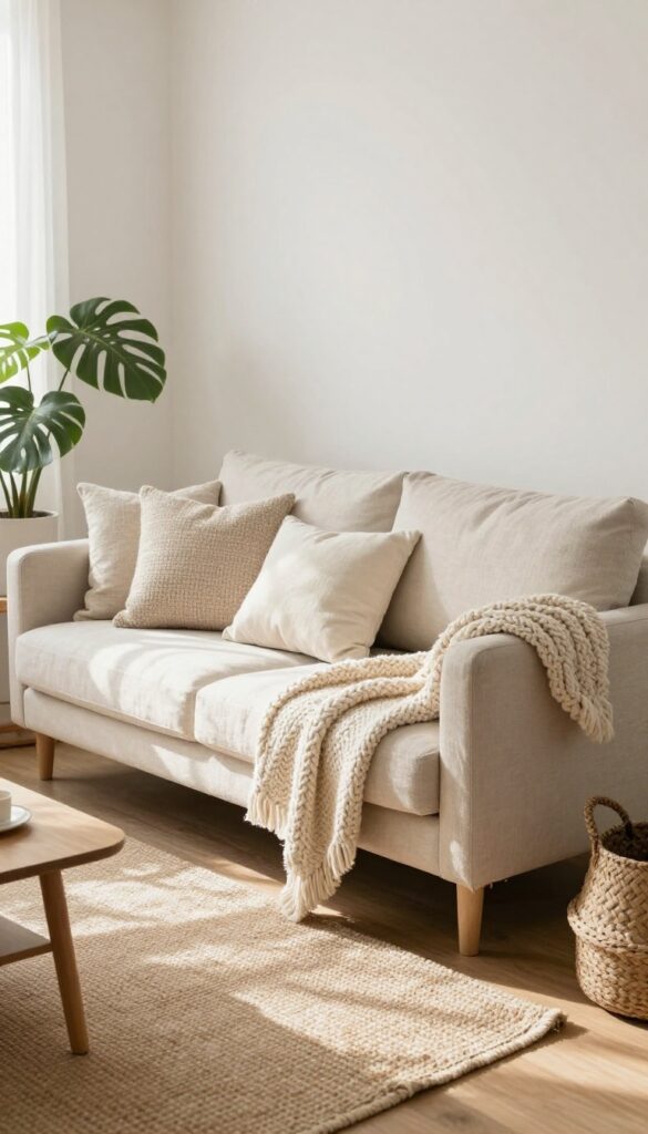 Cozy boho living room with a sofa with wooden legs, light linen slipcover, chunky knit throw, textured pillows, jute rug, and plants, bright natural light.