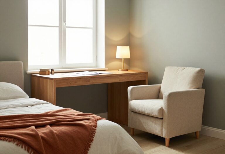 Warm and cozy home office guest room combo with desk, armchair, and daybed