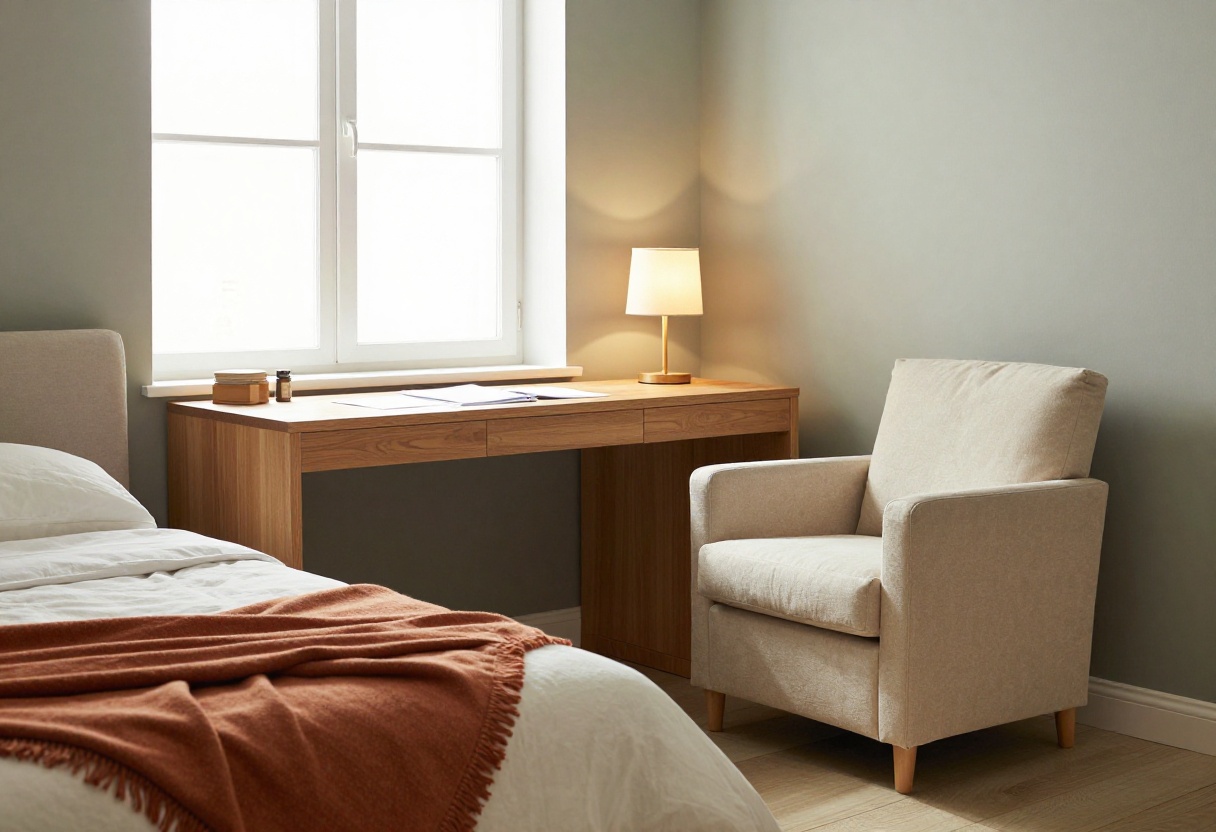 Warm and cozy home office guest room combo with desk, armchair, and daybed