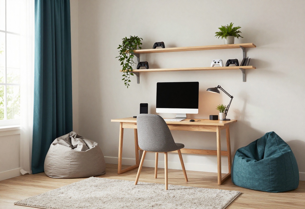 Cozy kids gamer bedroom with warm lighting, wooden desk, and soft rug