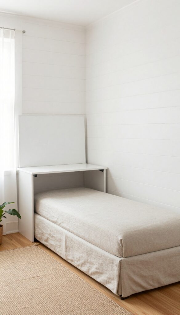 Small bedroom with fold-down desk and storage ottoman