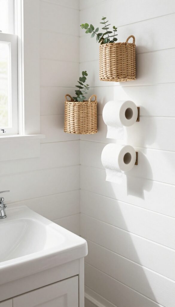 Guest bathroom with a basket wall for toilet paper storage, featuring woven seagrass baskets mounted near the toilet, each holding toilet paper rolls, with natural light and a eucalyptus sprig.