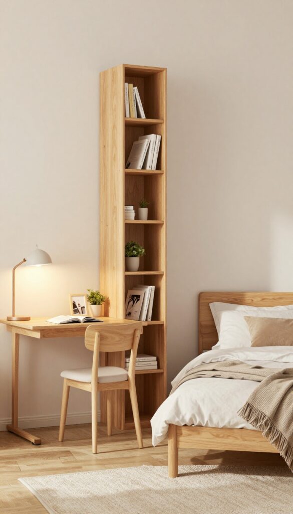 Bookshelf room divider with built-in desk in a teen boy's bedroom