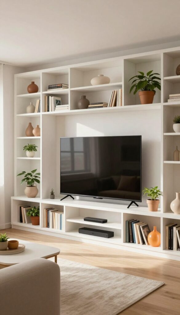 Open shelf unit around TV with books, ceramics, and plants in a bright living room
