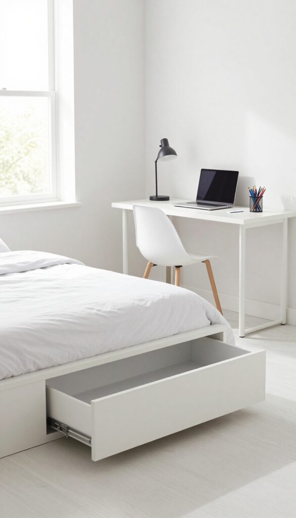 Under-bed drawer desk pulled out with laptop and lamp, bright teen bedroom