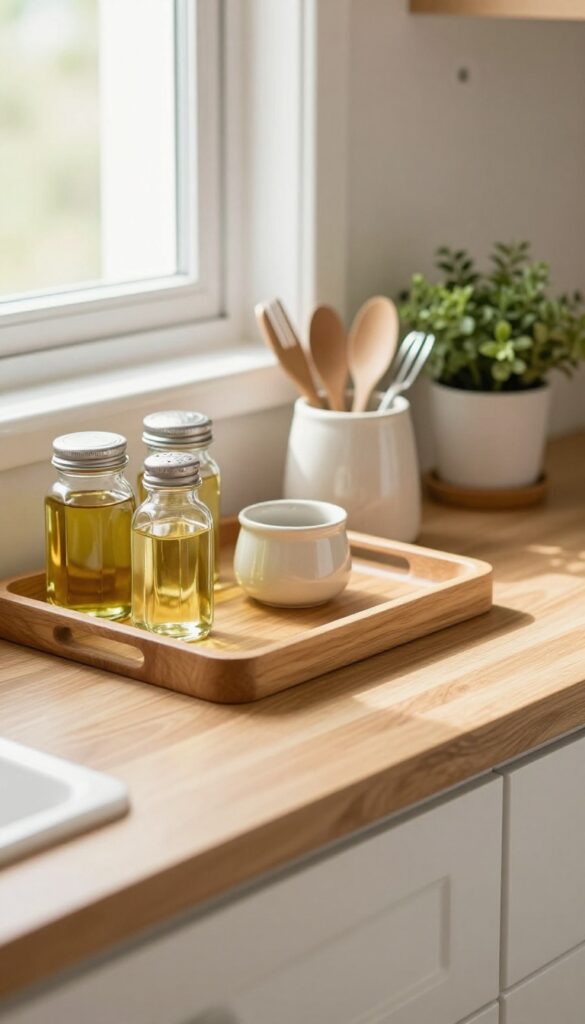 Mobile home kitchen countertop with wooden tray holding glass jars, ceramic utensils, and a small plant, bathed in natural light.