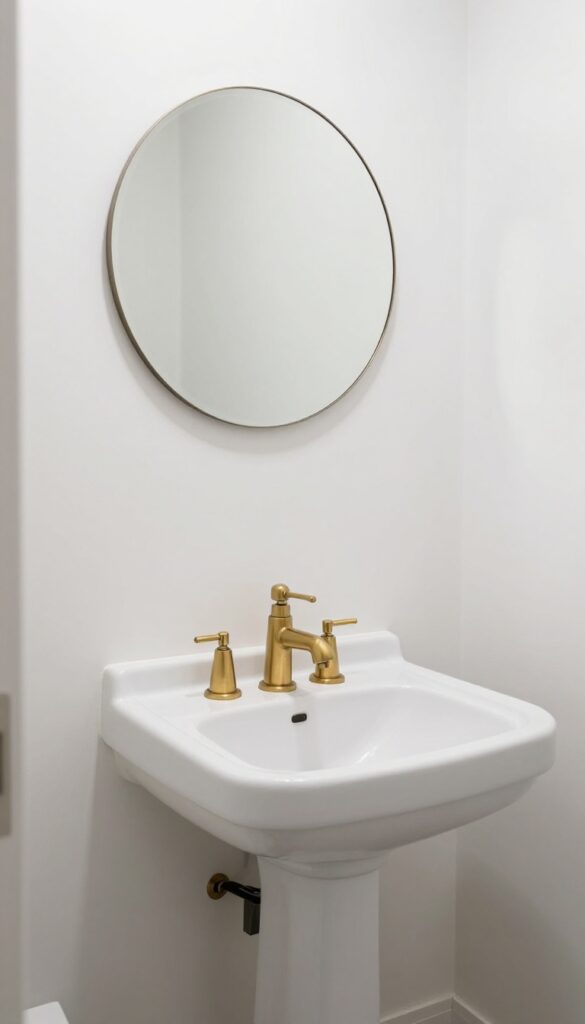 Powder room with pedestal sink and brushed brass gooseneck faucet, round mirror, bright natural light