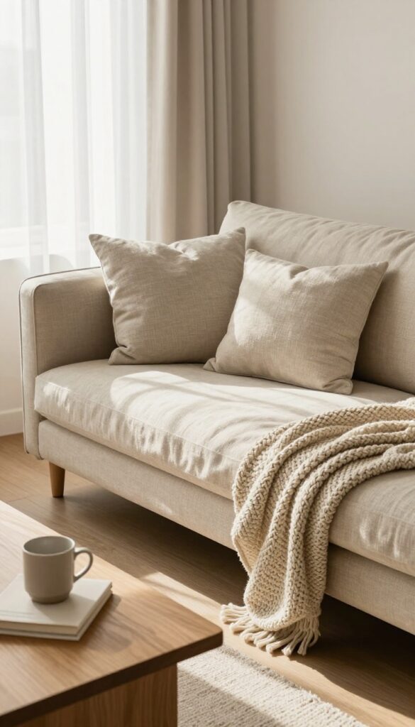 A cozy guest room featuring a futon that converts from couch to bed, styled with soft textiles and natural light.