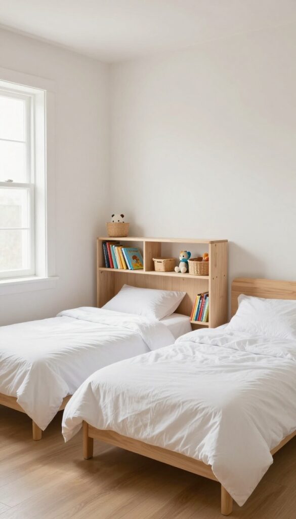Two twin beds with a low bookshelf divider between them, serving as a shared headboard, in a bright children's bedroom.