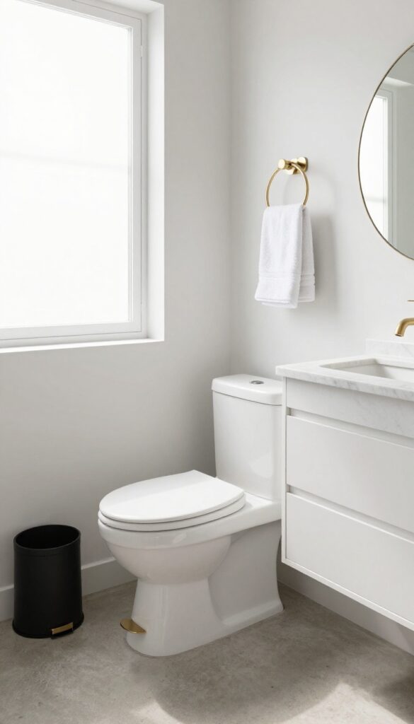 A small matte black lidded trash can next to a toilet in a bright, modern guest bathroom with marble countertop and brass fixtures.