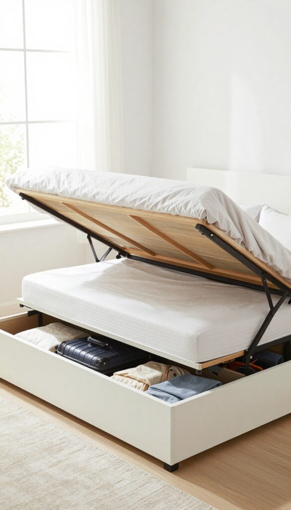 King-size bed with lift-up storage base in a small bedroom, showing hidden storage compartment with suitcases and bedding, minimalist decor, natural light.