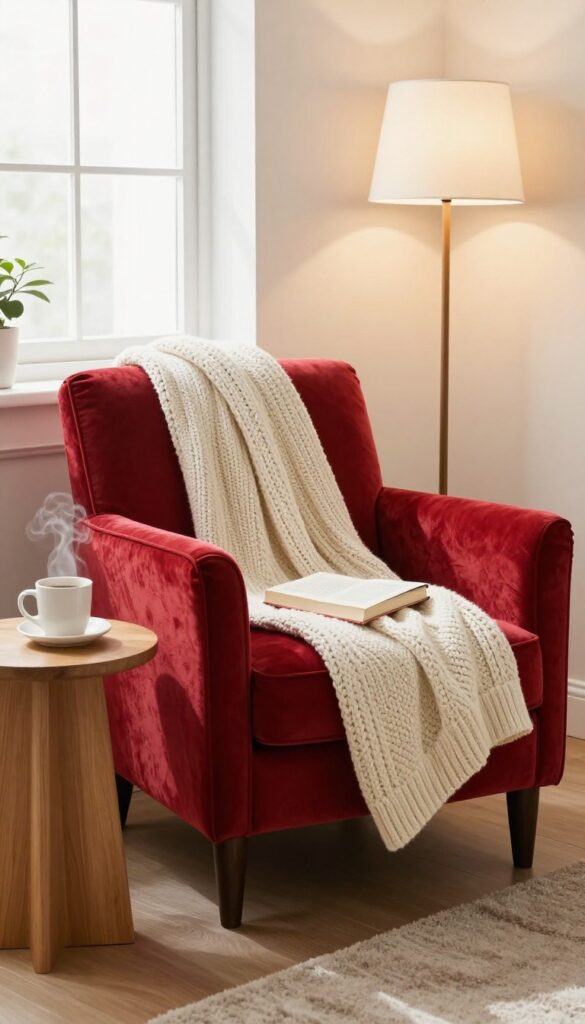 Cozy reading nook with red velvet armchair and cream throw in bright bedroom corner