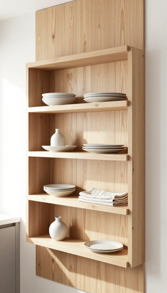 Modern kitchen with open shelving on a vertical wood accent wall, light stain, natural light, sparse ceramic decor.