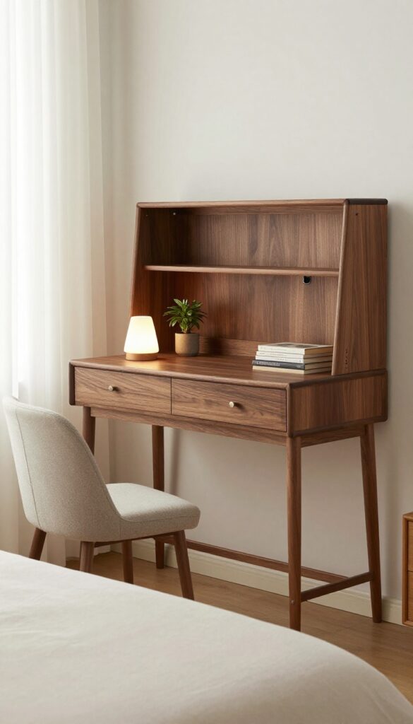 Closed armoire desk styled as console table in warm guest bedroom
