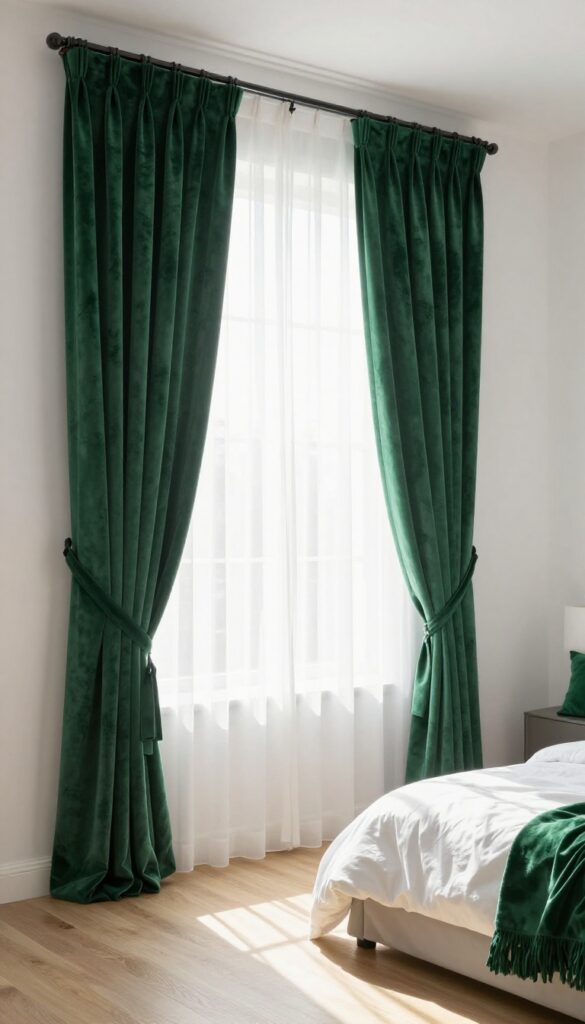 Girl's bedroom with floor-to-ceiling green velvet curtains and sheer white panels, bright natural light, elegant and cozy atmosphere