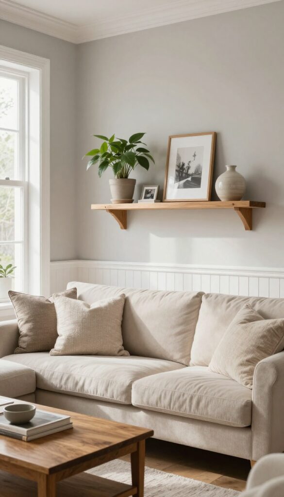 Cozy living room with white beadboard wainscot, floating shelf with decor, and soft gray walls, bathed in natural light.