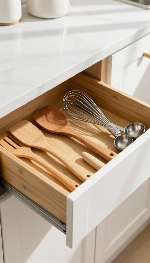 Open kitchen drawer with bamboo dividers organizing wooden and silicone utensils in neat rows.