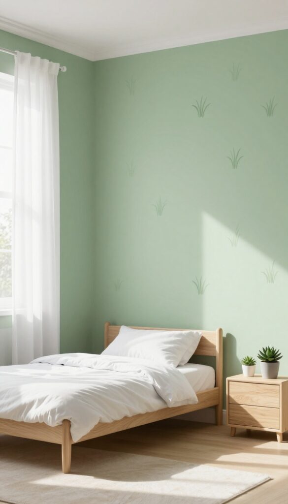 Boys bedroom with soft green walls and grass block accent wall, white bedding, wood furniture, and plants.