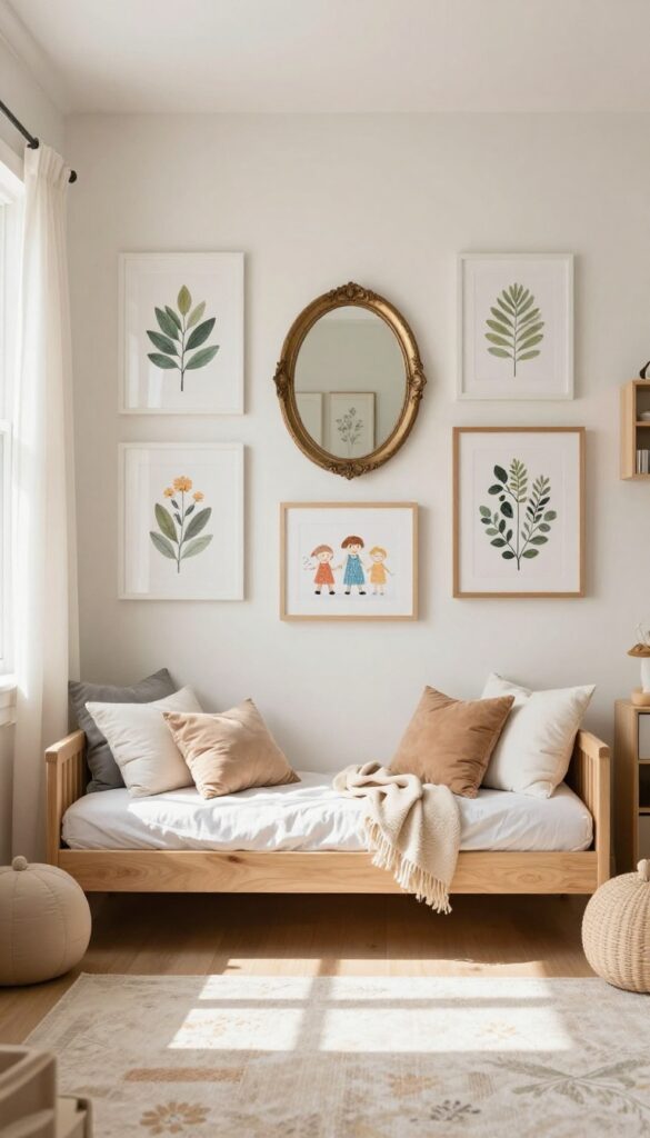 Gallery wall in a children's bedroom with framed artwork, vintage mirror, and botanical prints in consistent white frames, creating a polished and personal display.