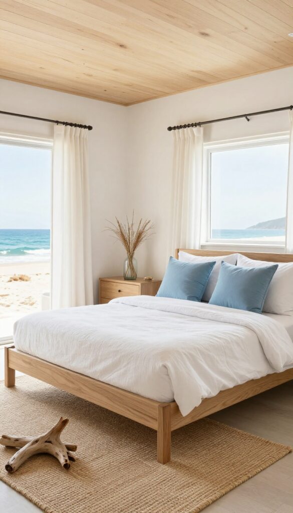 Coastal bedroom with low-profile bed frame and light, airy decor