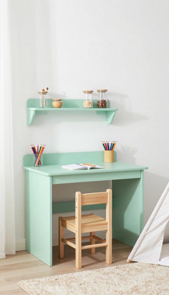 Small kids bedroom with wall-mounted mint green desk and art supplies, play teepee nearby, bright natural light.