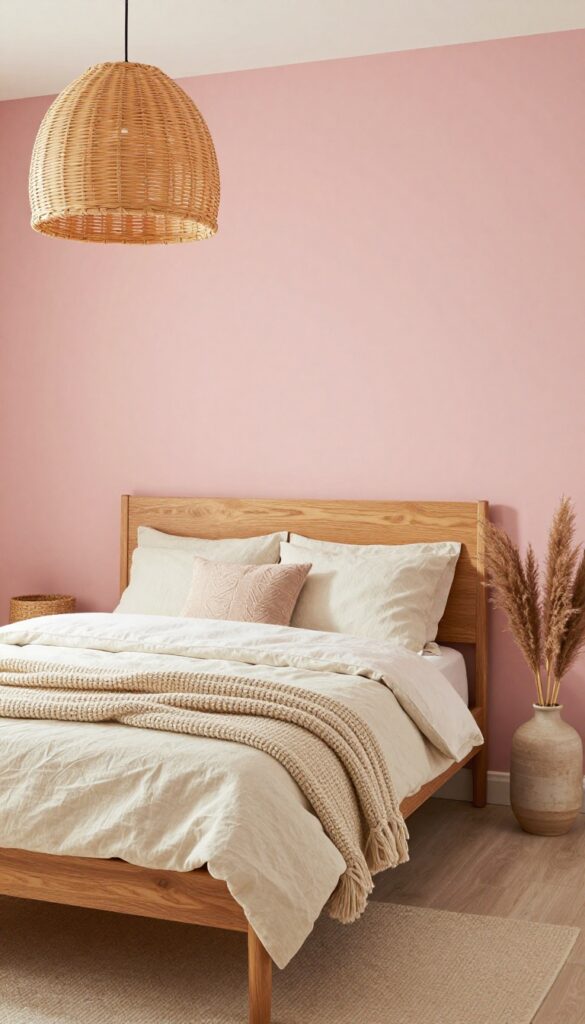 Dusty rose accent wall with warm wood headboard and cream linen bedding in a cozy bedroom