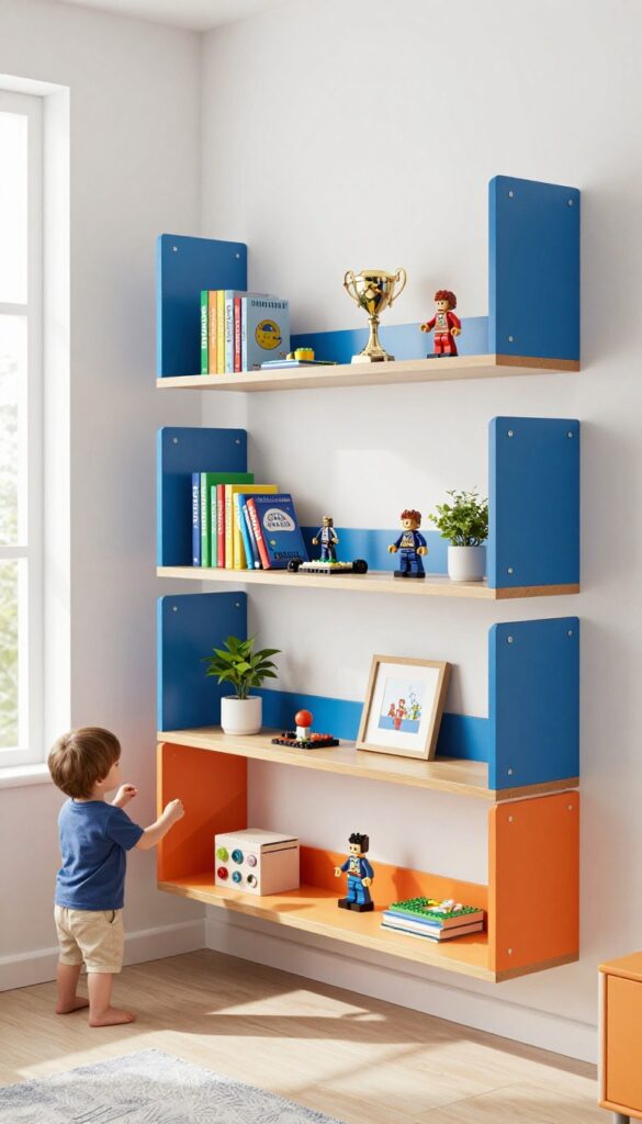 Boy's bedroom with open shelving displaying LEGO builds, action figures, and trophies, styled with books and a plant, bright natural light.