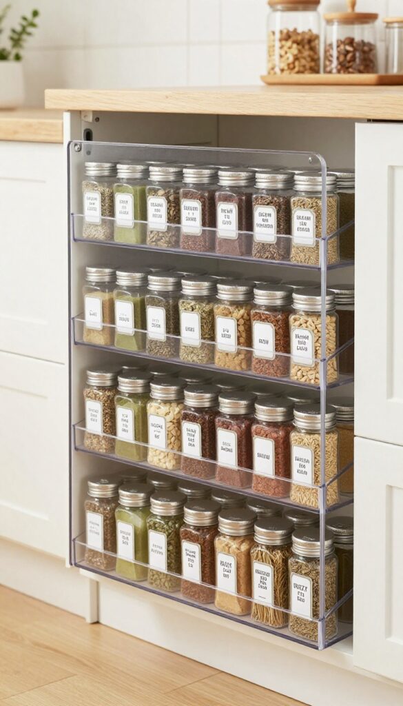 Over-the-door clear pocket organizer with labeled spice jars on a kitchen pantry door, bright natural light, photorealistic interior design photography.