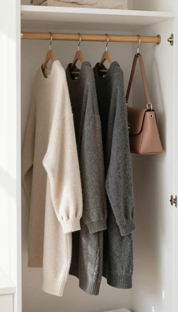 Hanging fabric bins on a closet rod in a small bedroom, filled with sweaters and accessories, with natural light.