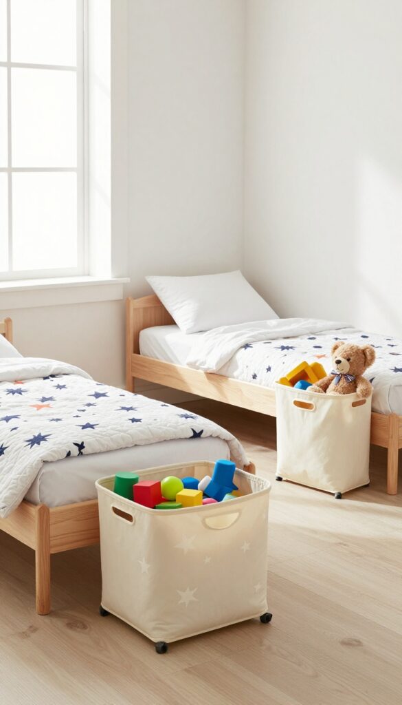 Kids' bedroom with storage bed and pull-out toy bins
