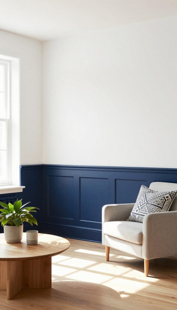 Living room with navy wainscoting and white upper walls, cozy decor, natural light