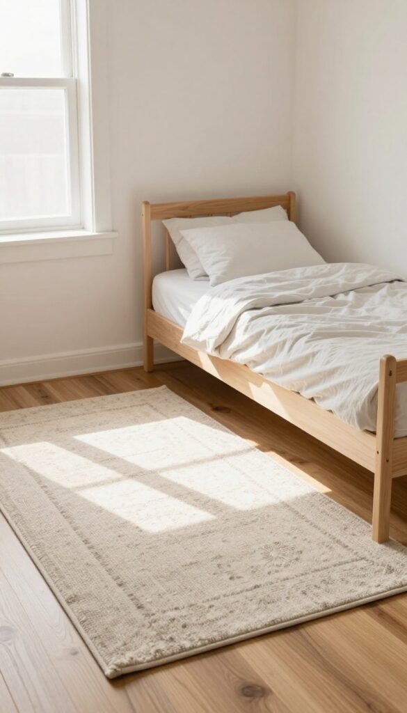 A small rug beside a bed in a cozy kids bedroom, soft landing, warm and inviting.