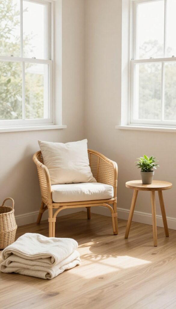 Guest bedroom corner with rattan chair, wooden side table, woven basket, and cream throw blanket in natural light