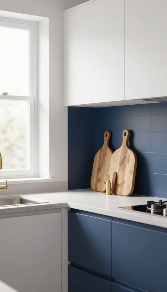 Modern single-wall kitchen with navy blue backsplash and white cabinets, bright natural light, minimalist design
