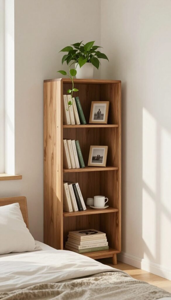 Small bedroom with a corner shelving unit for vertical storage, featuring books, a trailing plant, and ceramics in warm natural light.
