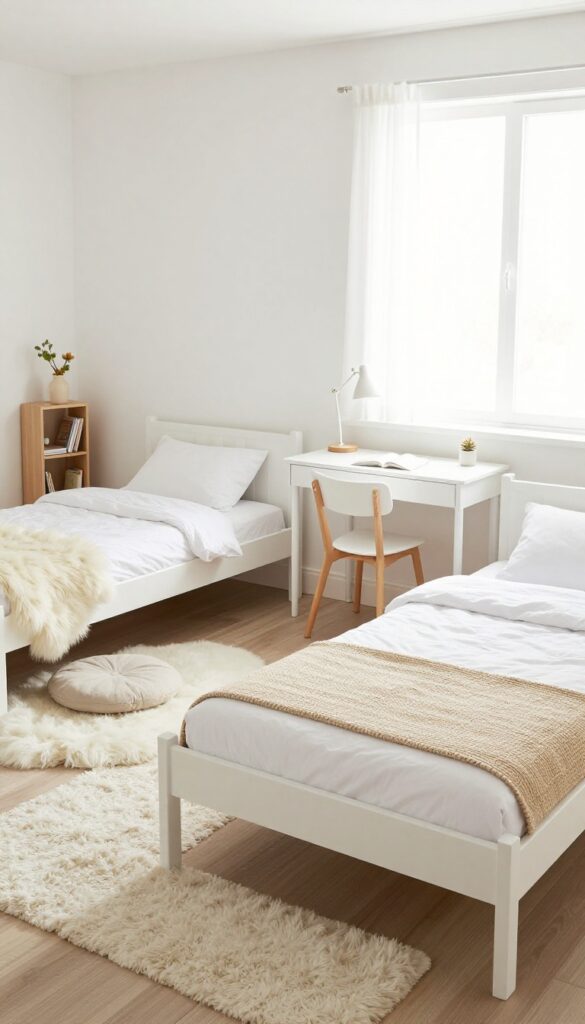 Two matching white loft beds in a bright twin girls' bedroom, one with a reading nook underneath and the other with a desk area.