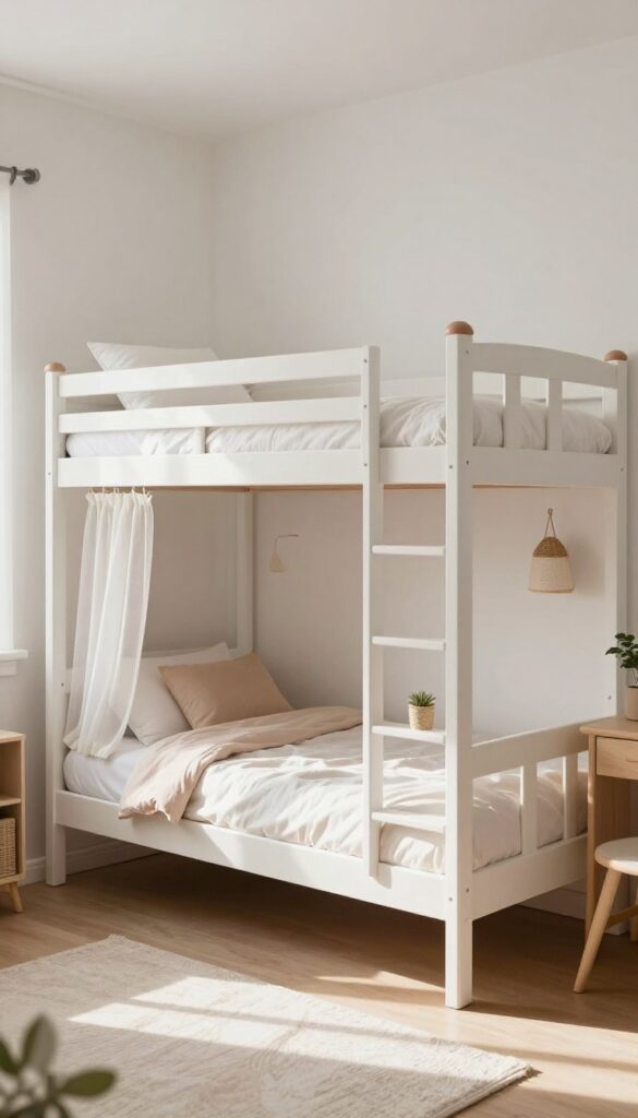 Twin-over-full bunk bed with curtains for privacy and storage baskets on ladder rungs in a bright, airy girls' bedroom