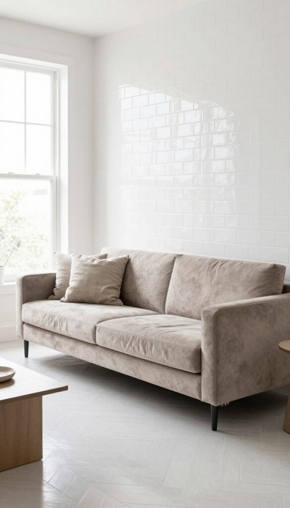 Glossy subway tiles in herringbone pattern with a storage sofa in a bright living room