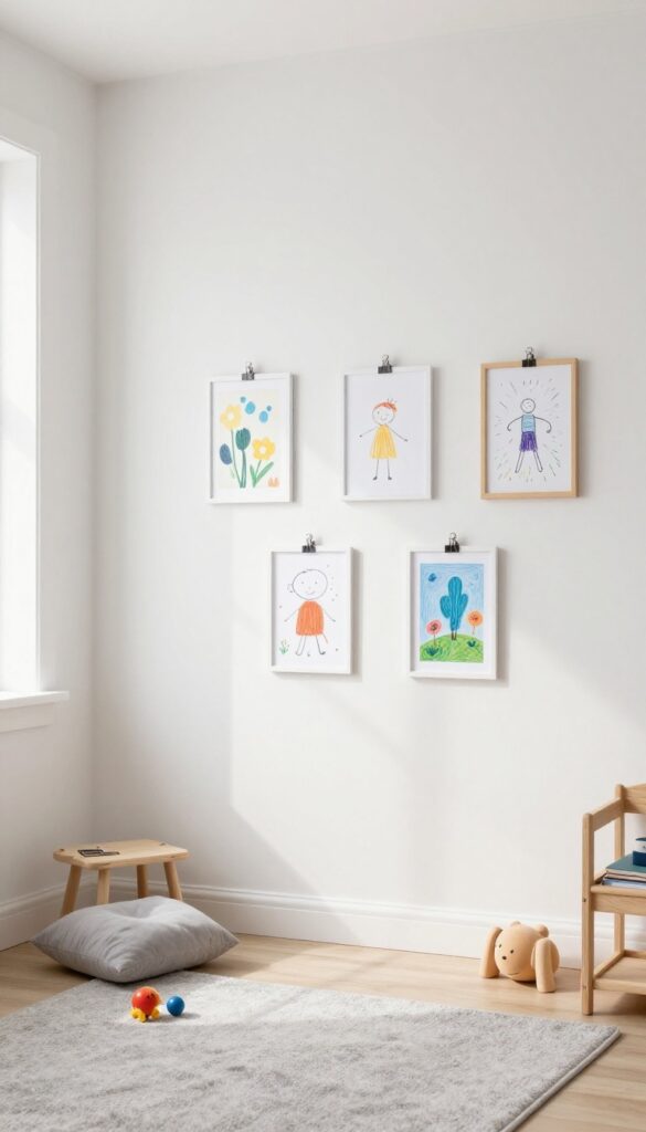 Children's bedroom with art hung at child's eye level, featuring lightweight frames and clip hangers on a pale wall, with natural light and cozy furnishings.
