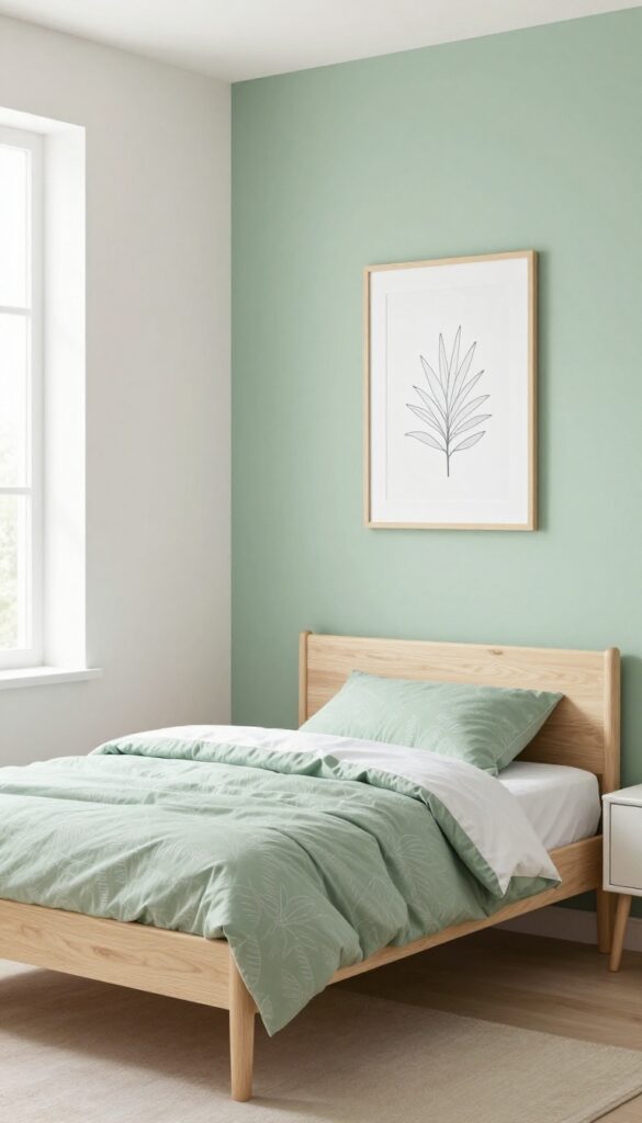 Modern kids bedroom with soft neutral walls and a sage green accent wall, light wood furniture, and natural light.