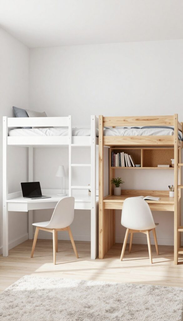 Two loft beds with desks underneath in a bright children's bedroom, creating study zones.