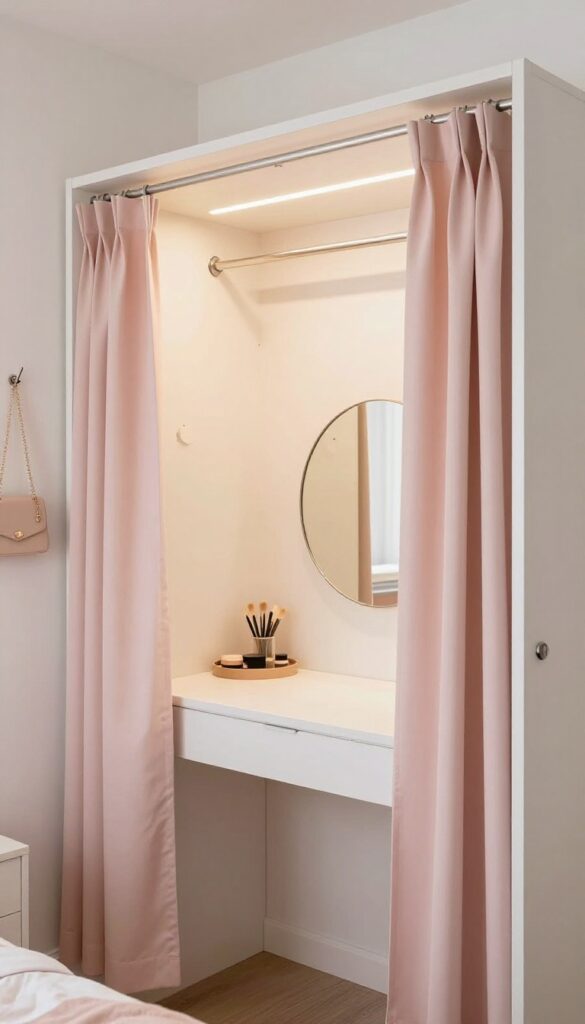 Teenage girl's bedroom with closet transformed into a vanity nook using a slim desk, mirror, and soft curtain.