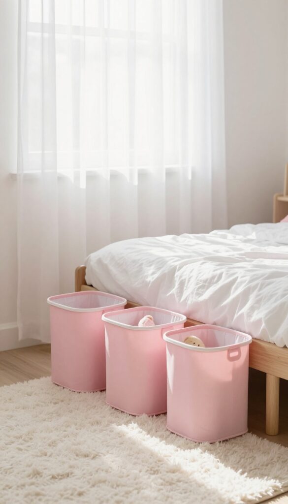 Under-bed rolling storage bins in a small girl's bedroom, pastel pink with white lids, neatly storing toys.