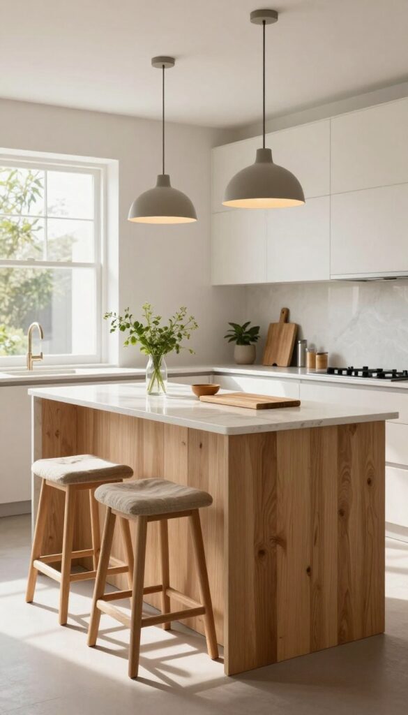 Two-tier kitchen island with butcher block prep surface and raised quartz bar counter with stools, pendant lights, and natural light.
