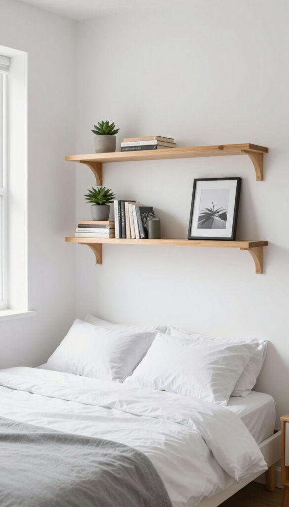 Small bedroom with floating shelves as a headboard alternative, holding books, a plant, and a print.