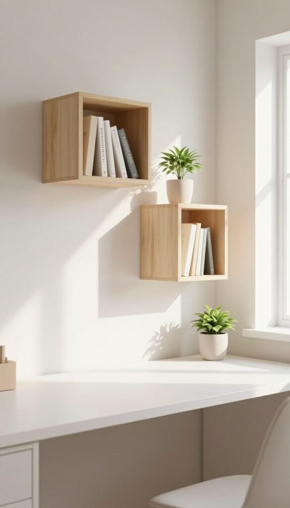 Wall-mounted desk with floating cubes in a bright teen bedroom