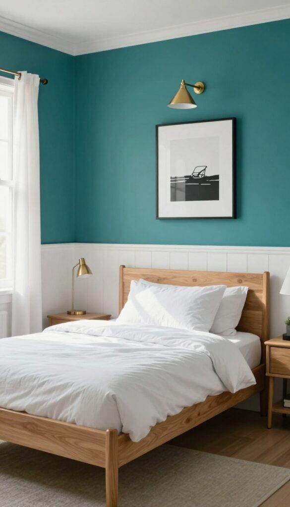 A boys bedroom with deep teal lower walls and white upper walls, brass picture light, natural wood furniture, and soft natural light.